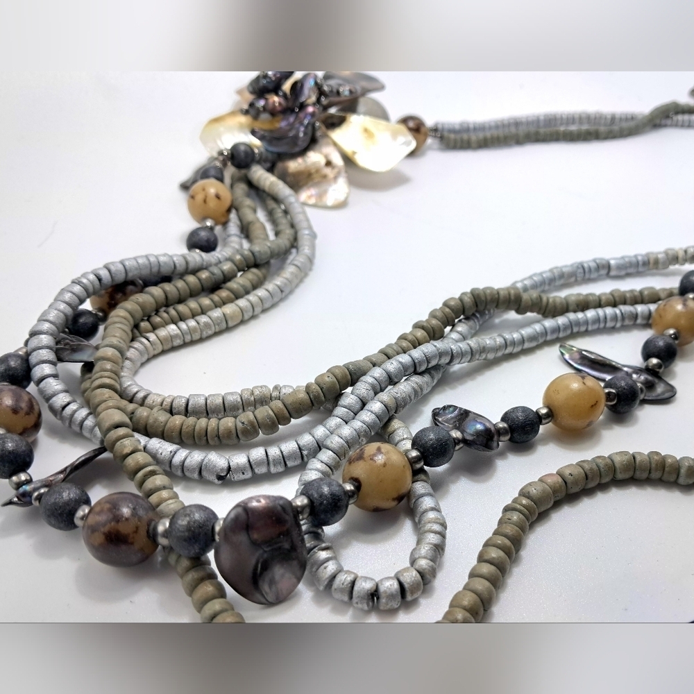 Multi Strand Layered Mother Of Pearl Silver Tone Necklace - Picture 3 of 3